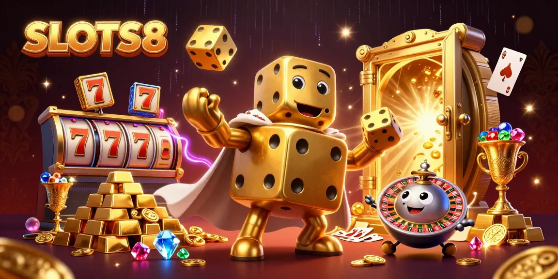 SLOTS8 themed dynamic illustration showcasing a golden dice golem and casino elements.