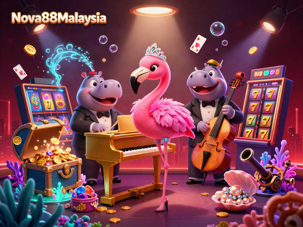 Engage with Nova88Malaysia's vibrant casino experience through a flamingo singer and hippo bassist in a 3D illustration.