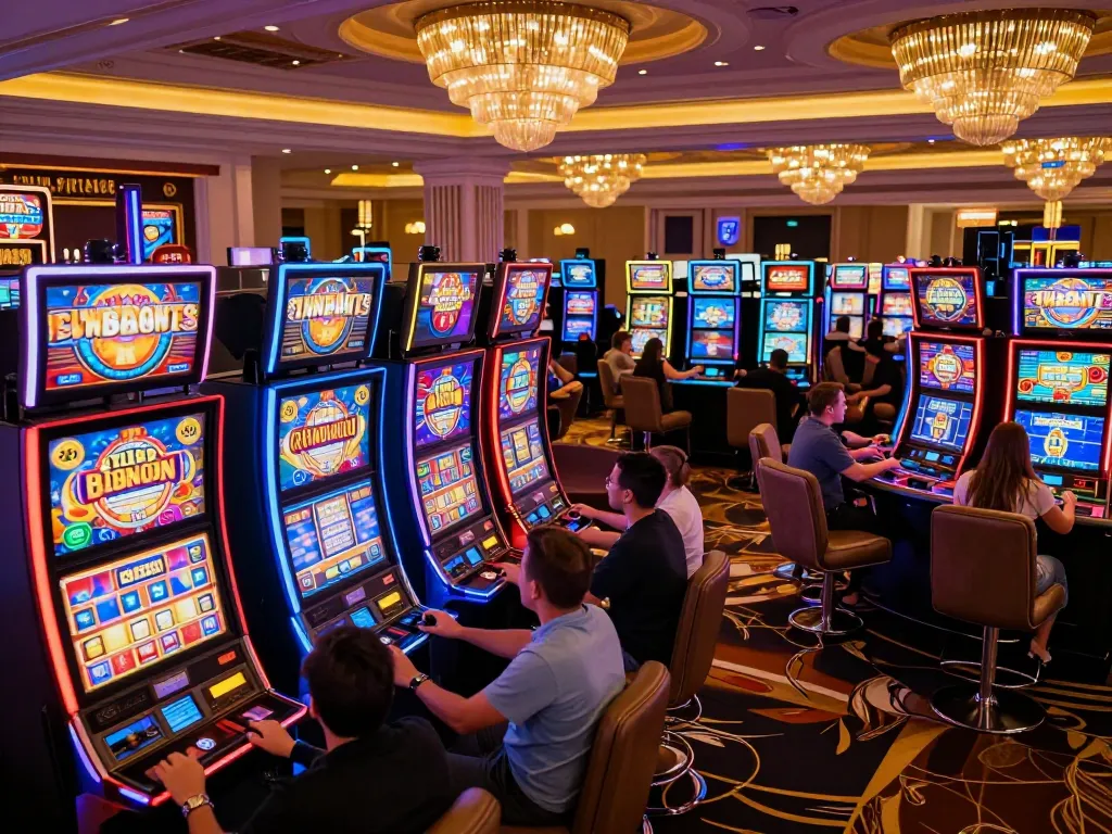 Exciting SC88 gaming moment with players engaging at colorful Las Vegas slot machines