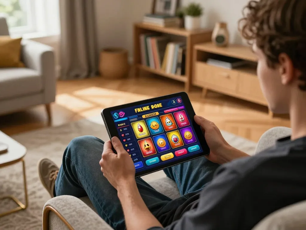 Person engaging with the fabet online casino app in a cozy home environment, highlighting responsible gaming.