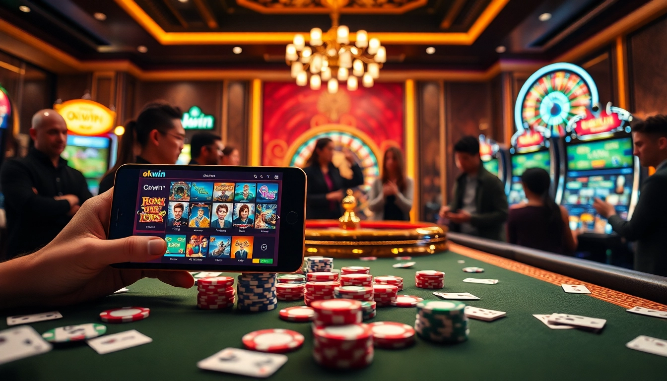 A vibrant casino scene showcasing the okwin app on a phone, with players enjoying their gambling experience.