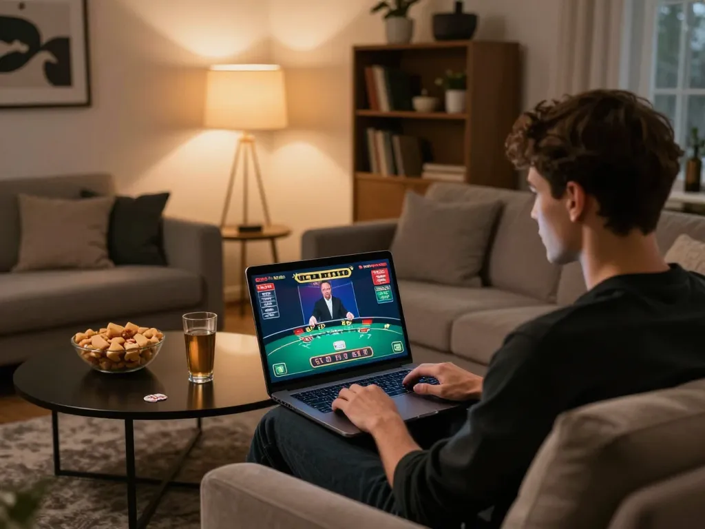 Player enjoying strategic blackjack online on Go88 while seated in a cozy living room setting.