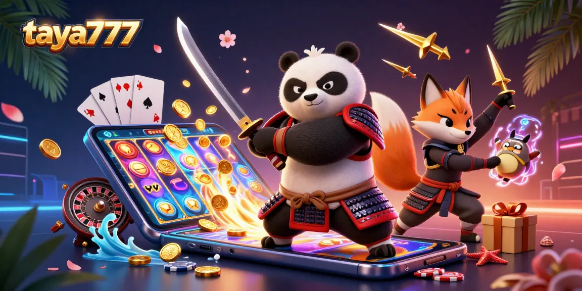 Engage in thrilling slots with taya777 as panda samurai and ninja fox enjoy a vibrant casino adventure.