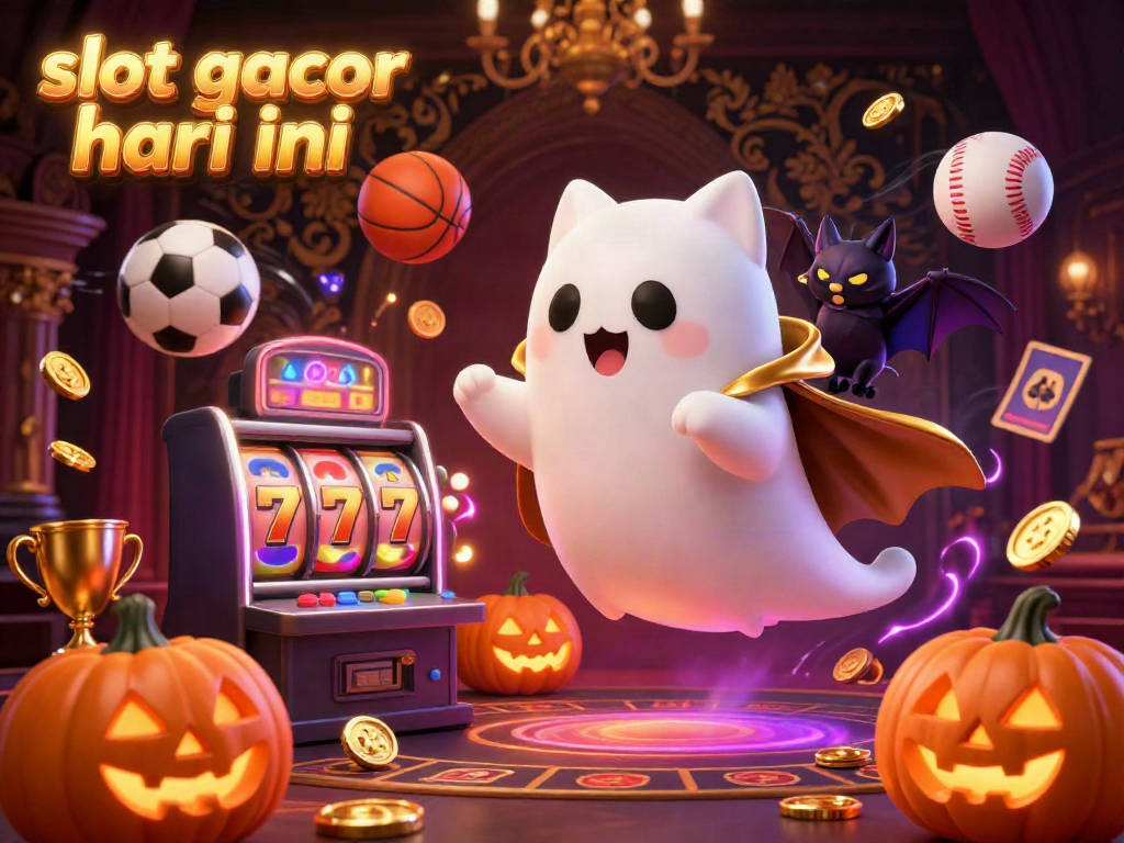 Engage with slot gacor hari ini in this dynamic casino scene featuring a ghost cat and vampire bat.