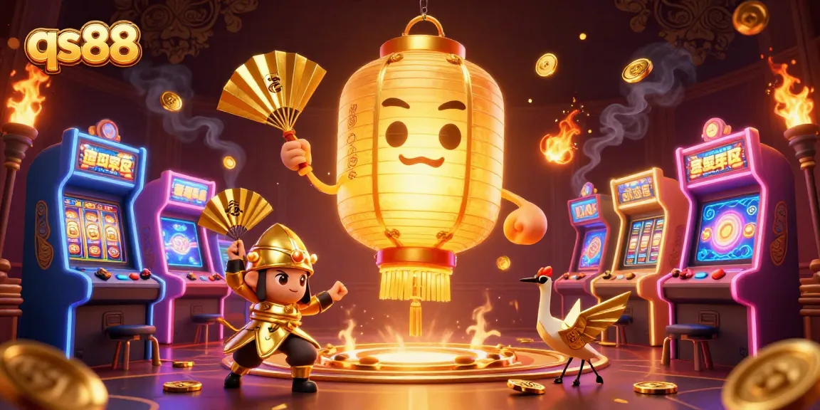 Engage with qs88, exploring thrilling golden lanterns and vibrant casino games in a dynamic 3D illustration.