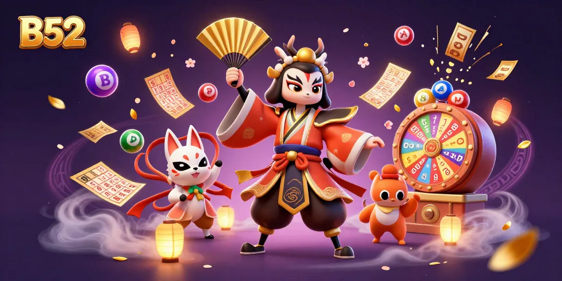 Experience the excitement of B52 as colorful lottery elements burst around themed characters.