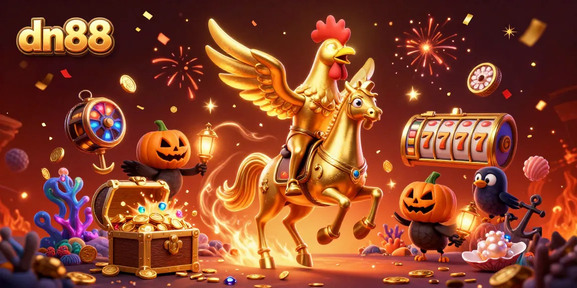 Experience the excitement of dn88 with a vibrant casino scene featuring a golden rooster and his companions.