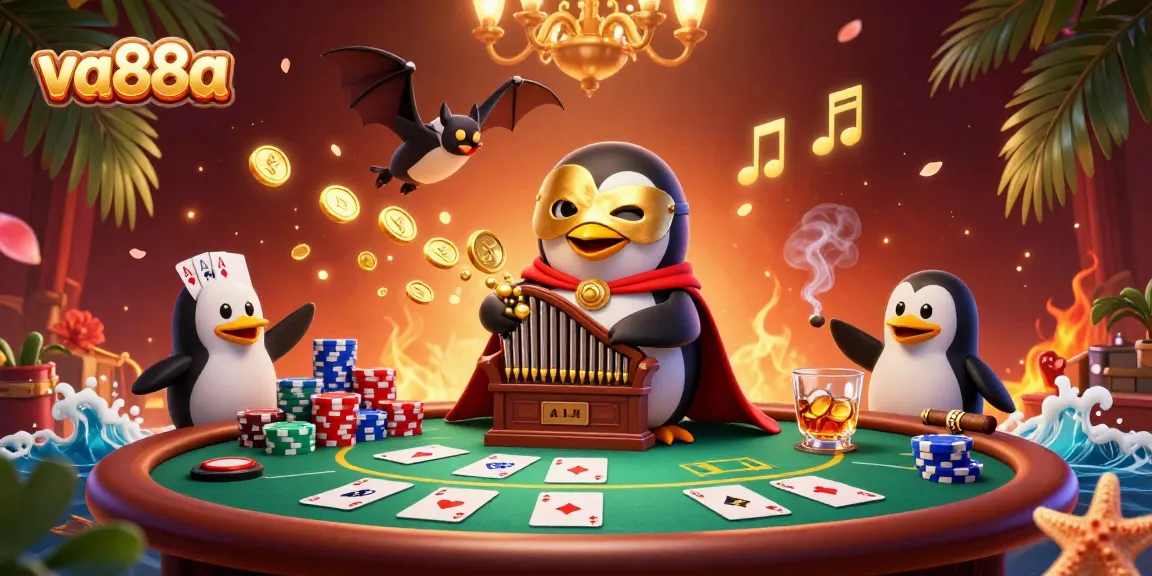 va88a captivates players with a dynamic 3D casino scene of a penguin playing an organ, shooting coins everywhere.