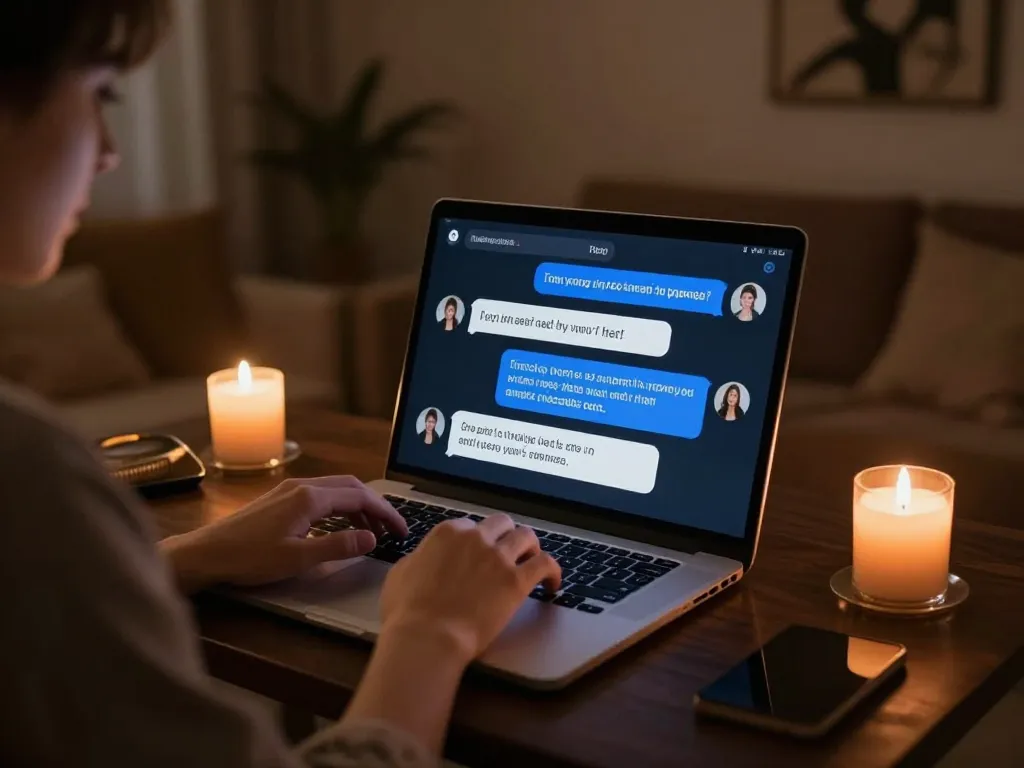 Engaging in ai nsfw chat with a personalized character on a laptop in a cozy setting.