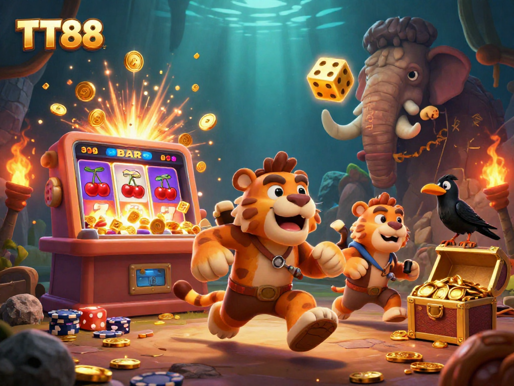 Experience exciting gaming at TT88 with vibrant 3D illustrations of slot machines and casino elements.
