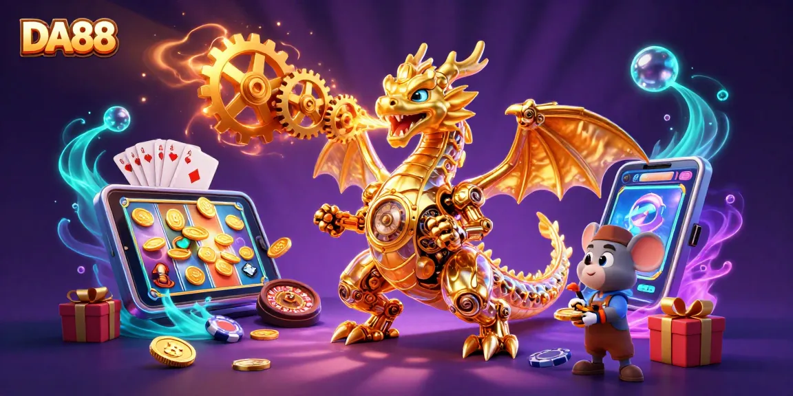 DA88 showcases a lively casino scene with a golden dragon breathing cogs amidst thrilling slot game action.