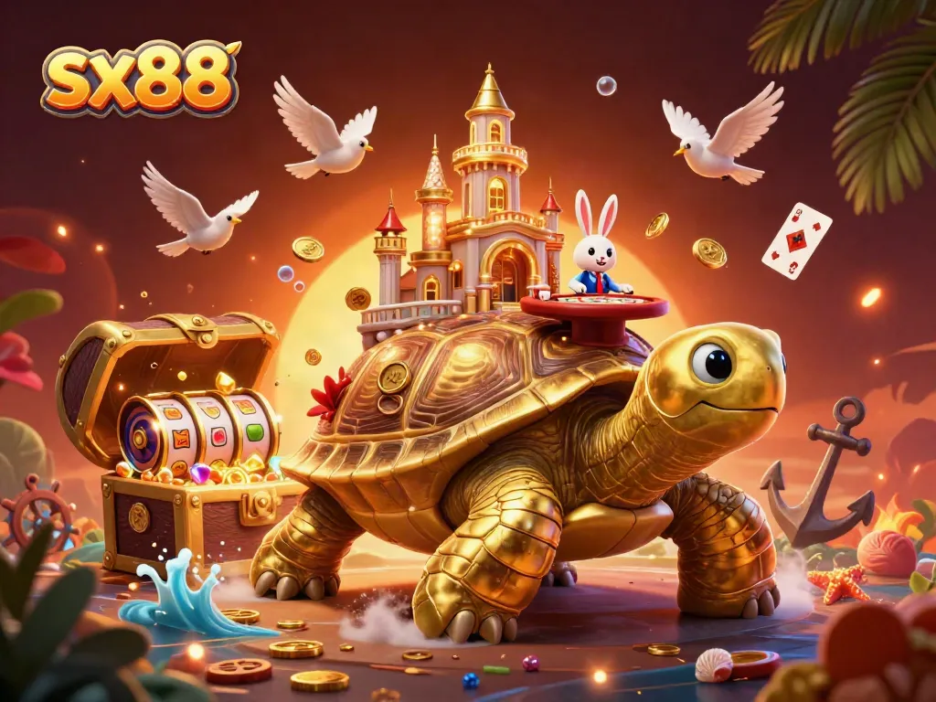 Win big at sx88 with an enchanting golden tortoise casino scene featuring a rabbit dealer and gameplay elements.