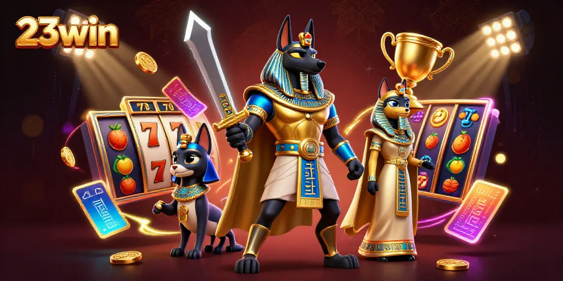 Experience the excitement of 23win with ancient Egyptian warriors, slot reels, and dynamic casino elements in this vivid 3D illustration.