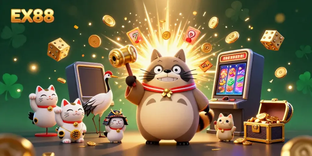 Celebrate wins at EX88 with a vibrant 3D casino scene featuring a tanuki, crane, and fortune cats amidst a jackpot explosion.