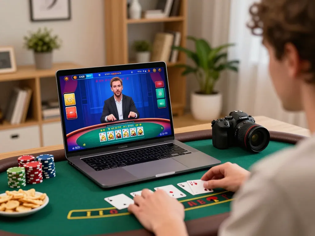 hi88 player enjoying a live dealer blackjack game on their laptop in a cozy home setting