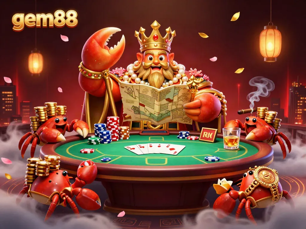 Experience the vibrant excitement of gem88 with a 3D crab emperor ruling a poker scene filled with chips and cards.