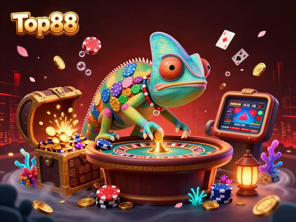 Experience vibrant gaming action at Top88 with a colorful chameleon casino owner amidst rich casino elements.