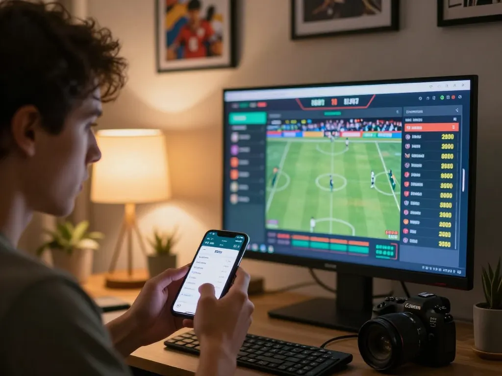E2bet enthusiast placing sports bets using a smartphone in a cozy living room setting.