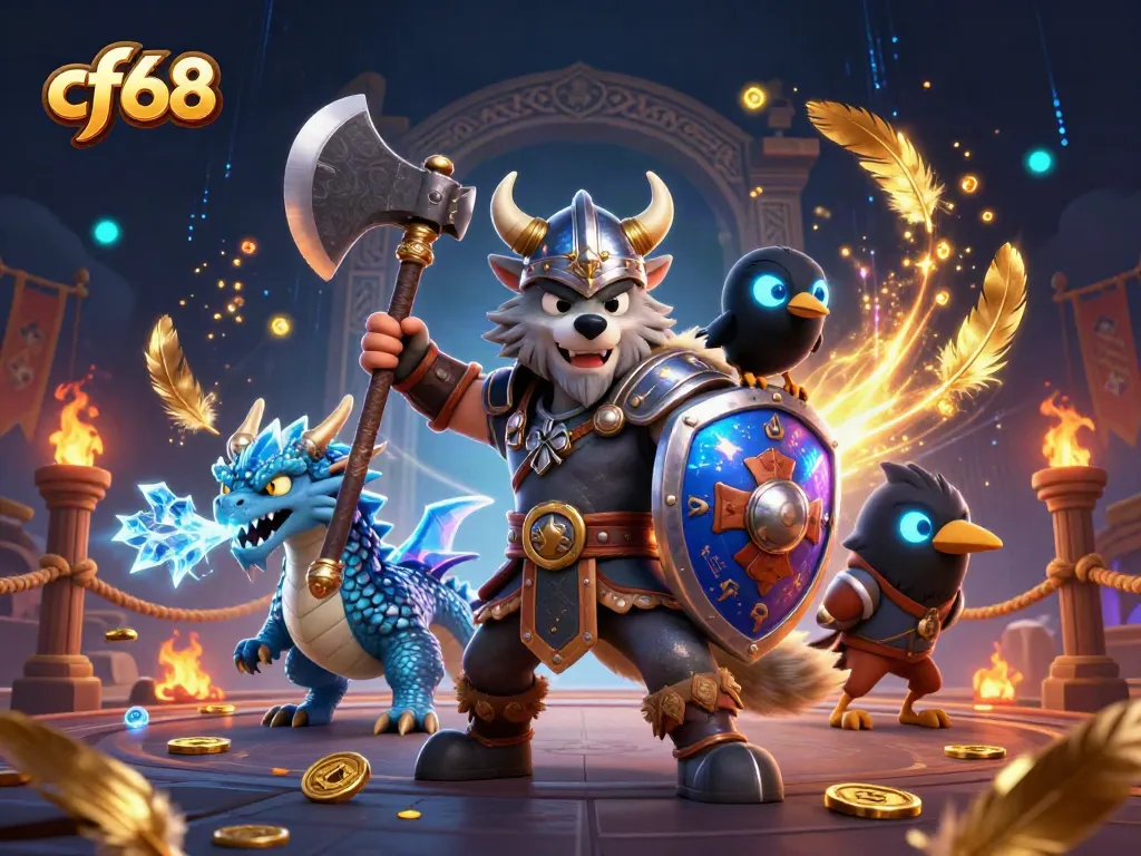 Engage in thrilling gameplay with cf68's Viking warrior in a vibrant casino arena.