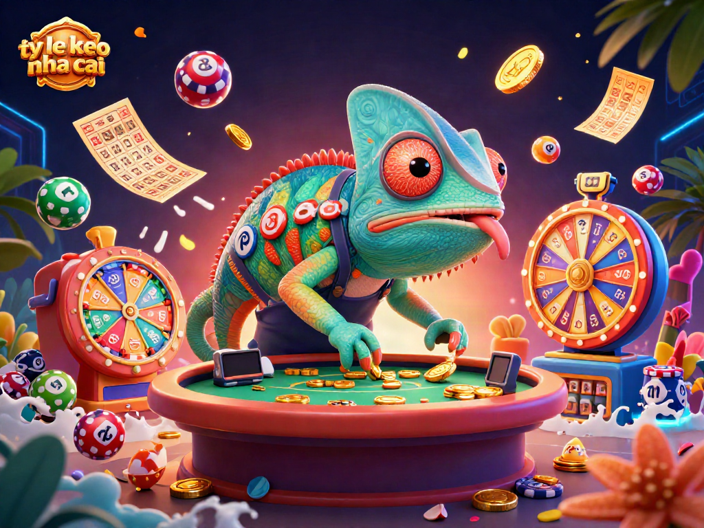 Engage with ty le keo nha cai in this vibrant 3D casino scene filled with animated lottery balls and golden coins.