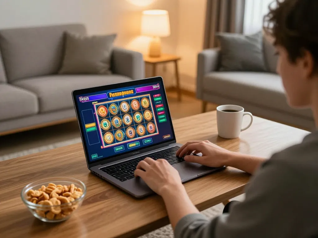 god55 player enjoying online slots at home with comfortable setup and warm lighting