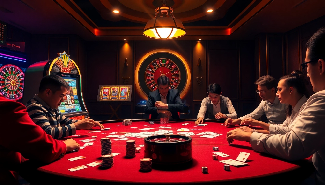 Players strategizing over cards and chips at a luxurious nk-88 casino table, evoking excitement and sophistication.