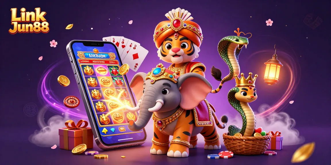Experience the thrill of winning at Link Jun88 with a vibrant 3D casino scene featuring animated characters and gaming elements.