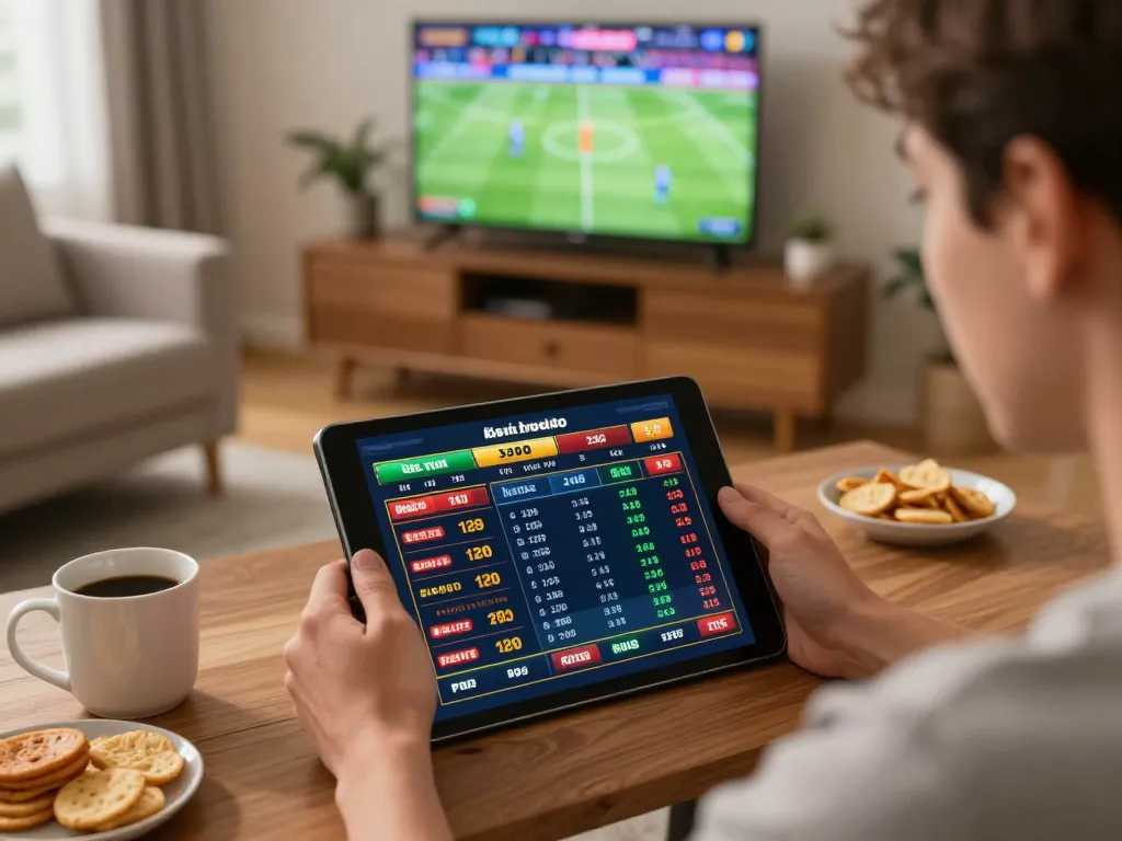 Placing bets on sports events using kèo nhà cái on a tablet in a cozy home setting