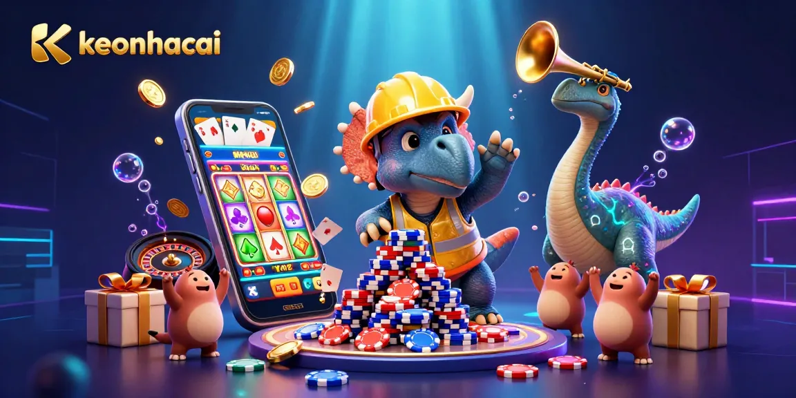 Bet on keonhacai while a triceratops builds poker chip pyramid in festive casino scene.