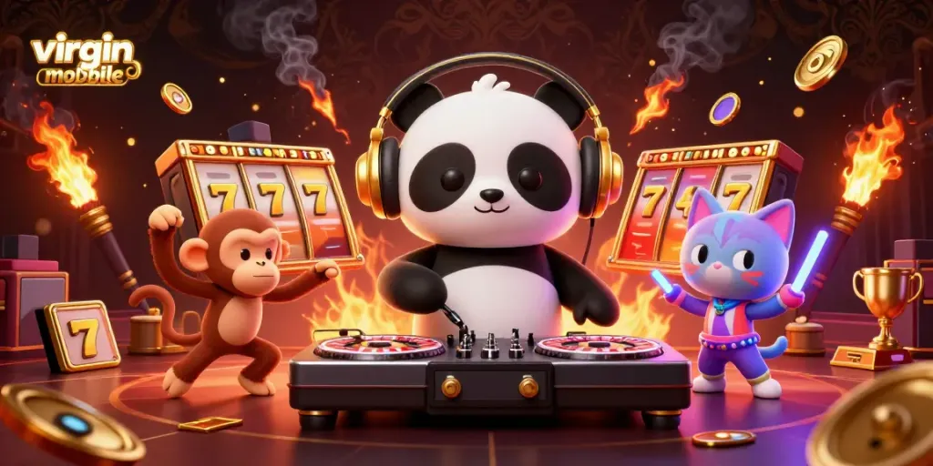Experience thrilling fun with the virgin-mobile illustrated gaming scene featuring DJ panda, monkey, and kitten alongside slot reels.