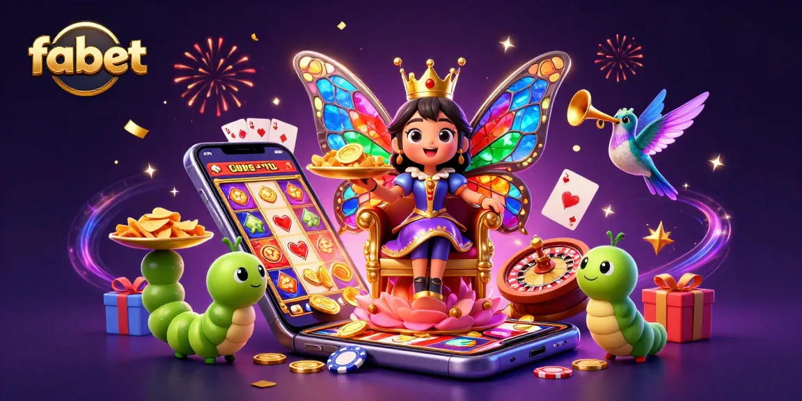 Play exciting games with fabet, featuring a vibrant scene of casino characters surrounded by colorful elements.
