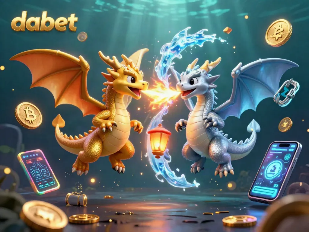 Engage with dabet through an electrifying scene featuring golden and silver dragons amidst cryptocurrency elements.