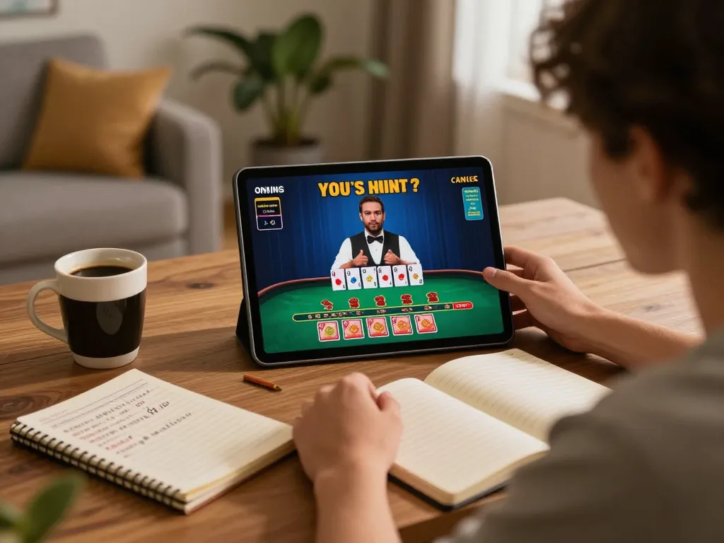 Player engaging in cm88sm online blackjack at home, laptop and strategy notes visible