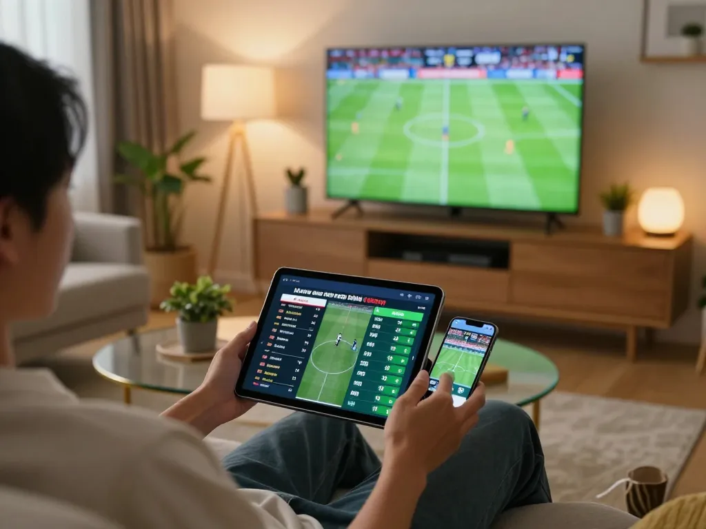Engaging in kèo nhà cái sports betting from a cozy living room setup with tablet and smartphone.
