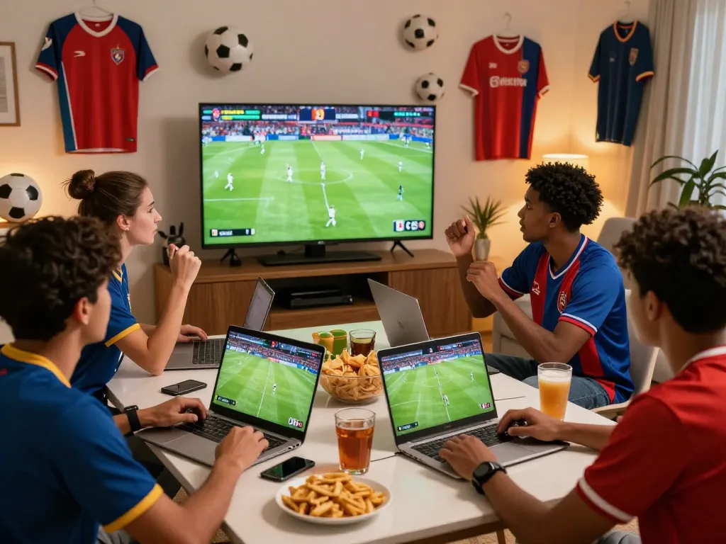 Xoilac streaming football fans enjoying a match in a cozy setting with multiple screens and snacks.