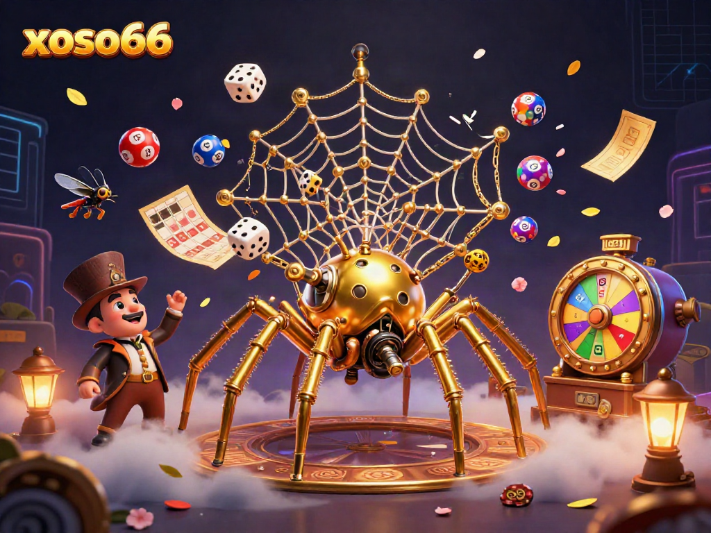Engage with xoso66's vibrant lottery universe featuring a whimsical steampunk spider and dynamic gaming elements.