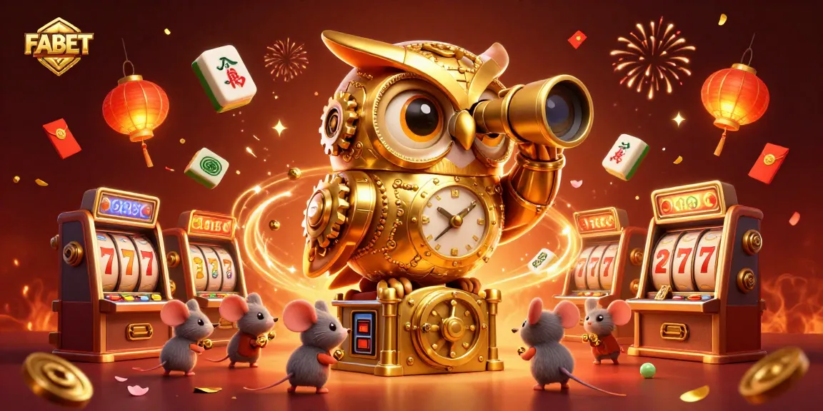 Experience FABET's vibrant casino atmosphere with a dynamic owl, patrons, and exciting gaming elements.