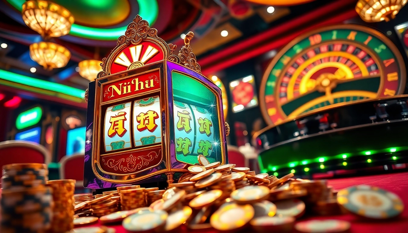 Nổ hũ slot machine surrounded by vibrant casino elements, evoking excitement and luxury.