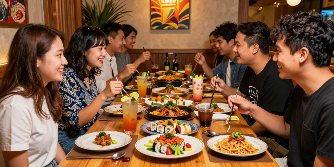 Friends enjoying Asian fusion dishes at Red88 restaurant, vibrant atmosphere and craft cocktails.