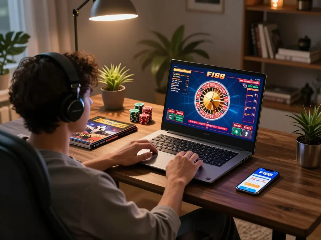 Person engaging with F168 casino games on a sleek laptop in a cozy home setup, showcasing strategic gameplay.