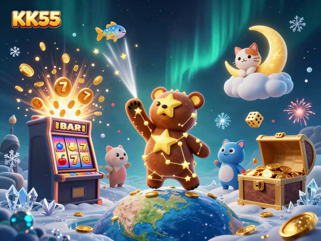 Experience the excitement of KK55 with a spectacular jackpot scene featuring playful characters and high-stakes gaming.