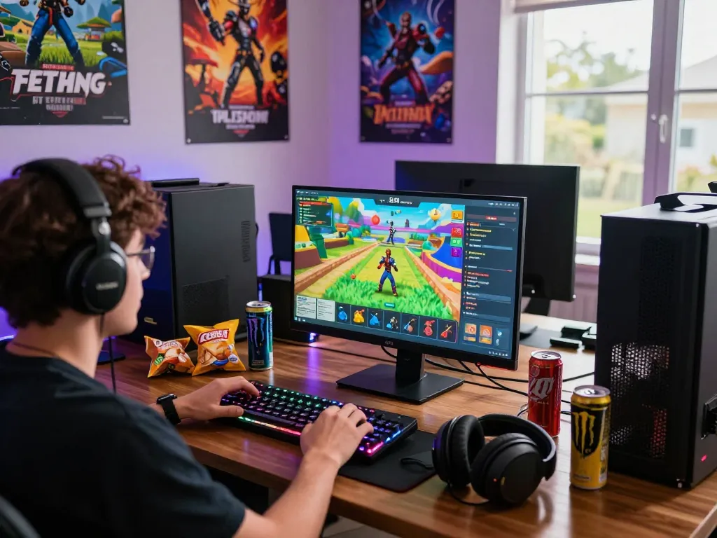 Engaged gamer on https://1gom.farm/ customizing characters in colorful gaming environment.