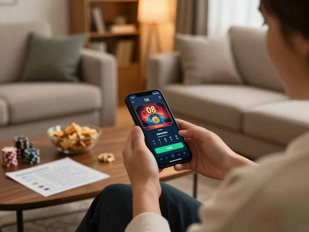 Engaging in online gaming at trang chủ o8 using a smartphone in a cozy living room.