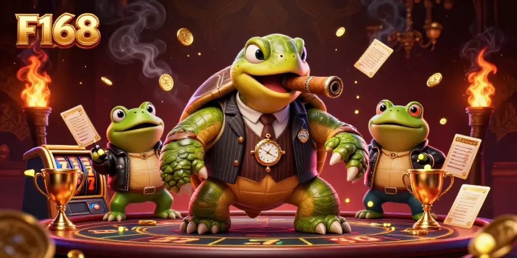 Experience thrilling wins with F168 in a vibrant casino scene filled with slots and animated characters.