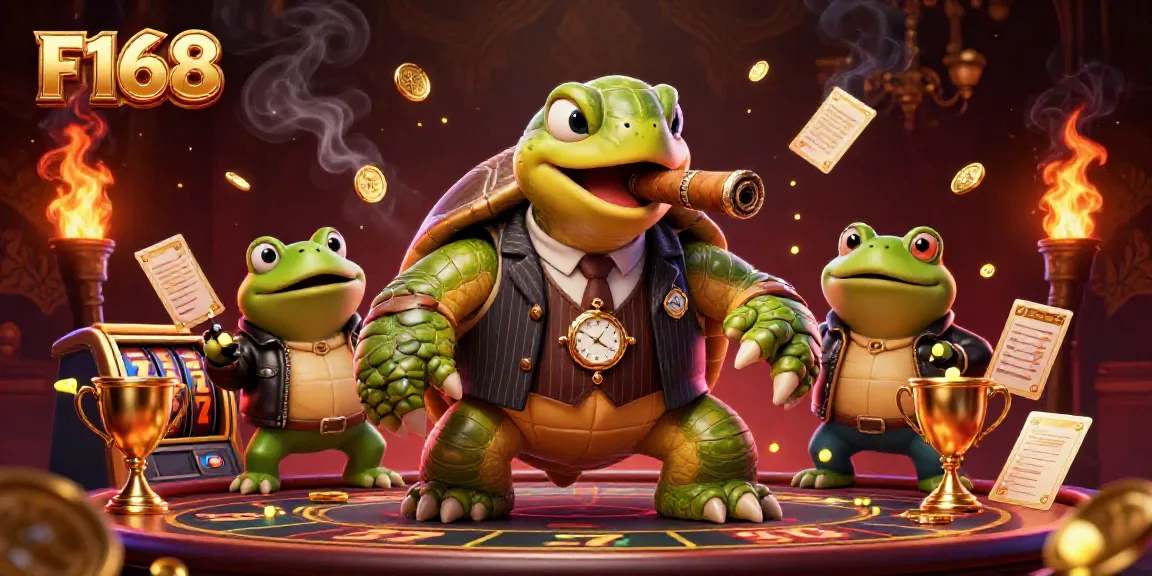 Experience thrilling wins with F168 in a vibrant casino scene filled with slots and animated characters.