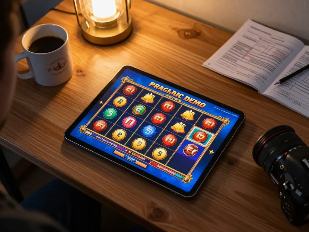 Engaging Pragmatic Demo slot game displayed on tablet in a cozy online gaming setup at home