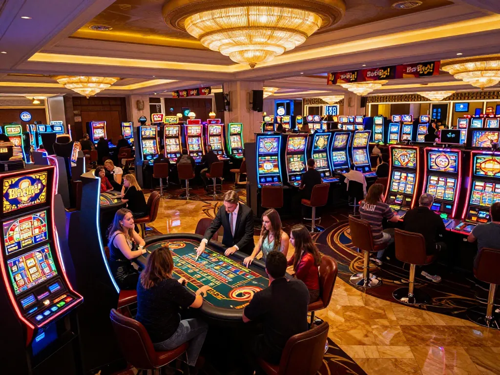 Players enjoying vibrant slot machines in a buzzing casino, promoting ok 8386 for thrilling gaming.