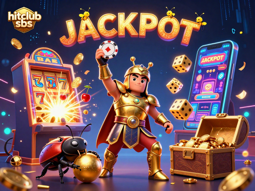 Experience the thrill of hitclub sbs with vibrant 3D illustration of a victorious beetle and dynamic casino elements.