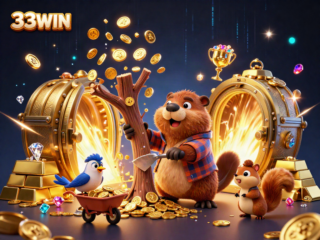 Experience the excitement of 33WIN with a vibrant 3D scene of cartoon characters in a treasure-filled casino.