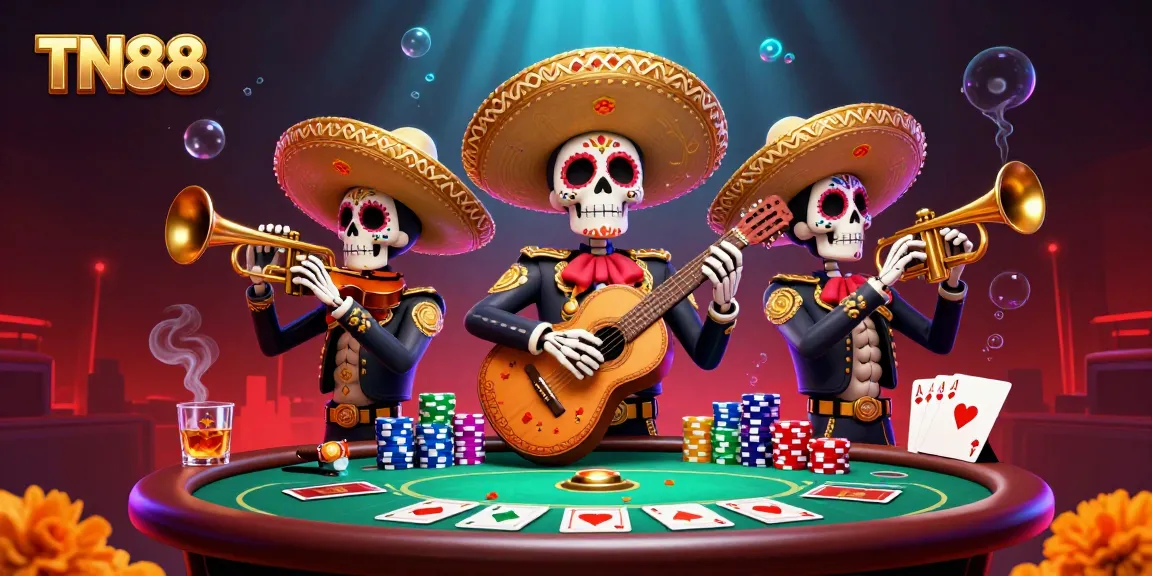 Experience the excitement of TN88 with vibrant mariachi characters and dynamic poker elements.